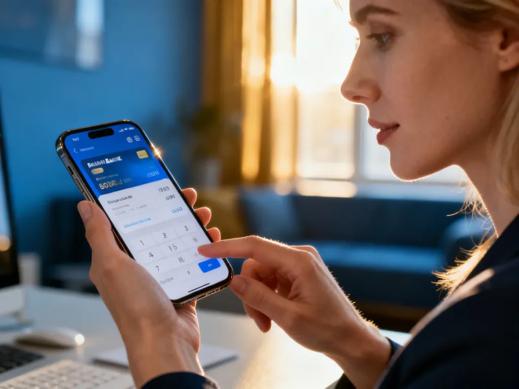 Kobieta korzystająca z aplikacji bankowej na smartfonie w nowoczesnym biurze domowym.