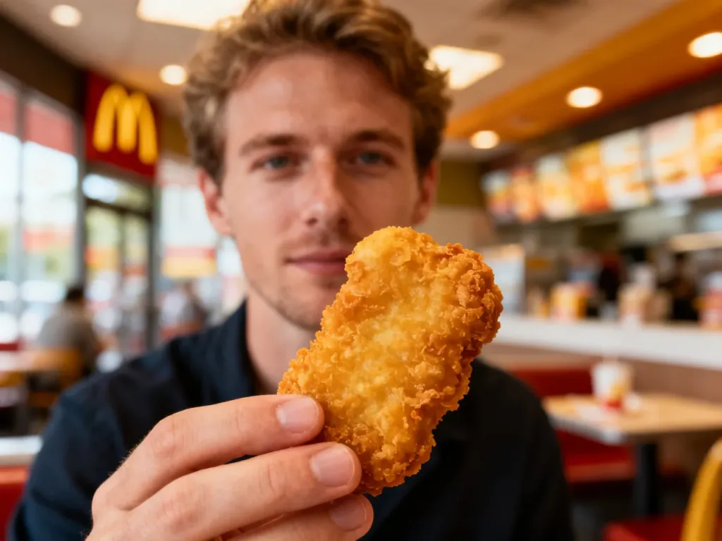 Złocisty, chrupiący nugget z kurczaka trzymany w dłoni na tle wnętrza restauracji McDonald’s.