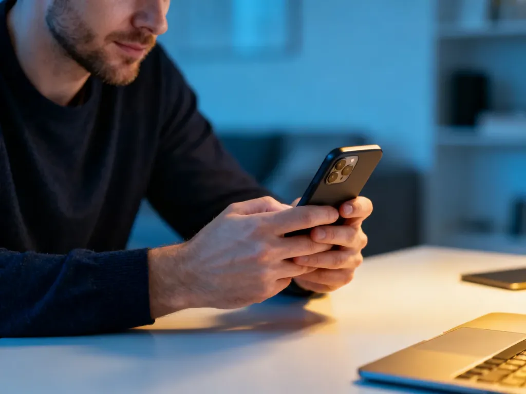 Mężczyzna w nowoczesnym biurze skupiony na bezpiecznym logowaniu do bankowości mobilnej na smartfonie.