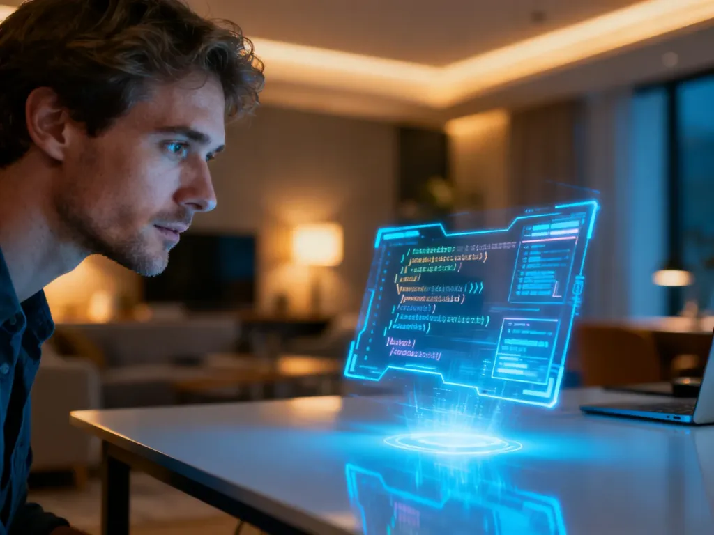 Programista analizujący hologram z kodem źródłowym, symbolizujący pracę nad testami jednostkowymi i nowoczesne narzędzia programistyczne.