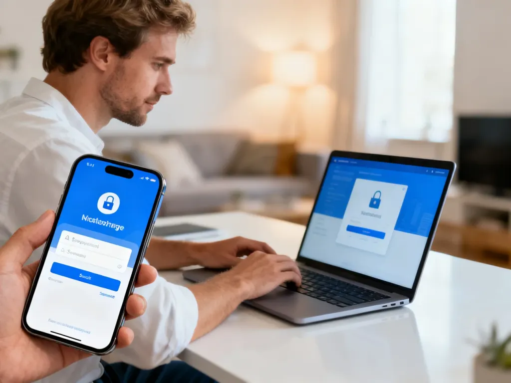 Mężczyzna logujący się do konta Energa24 na laptopie i smartfonie w nowoczesnym domowym biurze.