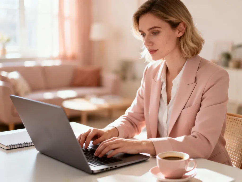 Kobieta pracująca przy laptopie w przytulnym domowym biurze, co symbolizuje elastyczność pracy zdalnej dla mam.