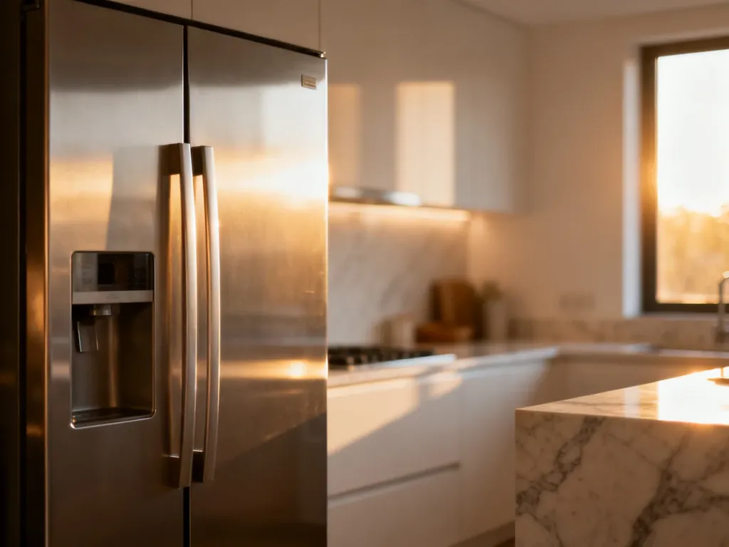 Nowoczesna kuchnia z elegancką lodówką Gorenje w metalicznym wykończeniu, utrzymana w minimalistycznym stylu.