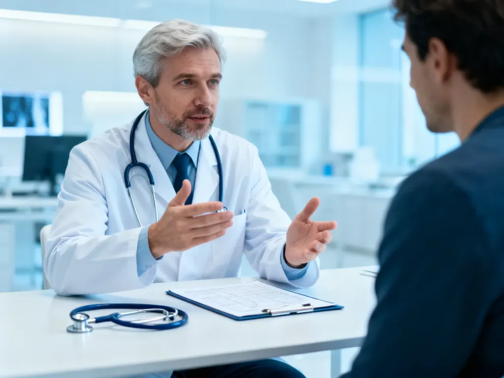 Lekarz w nowoczesnym gabinecie wyjaśnia diagnozę pacjentowi, podkreślając profesjonalny charakter konsultacji medycznej.
