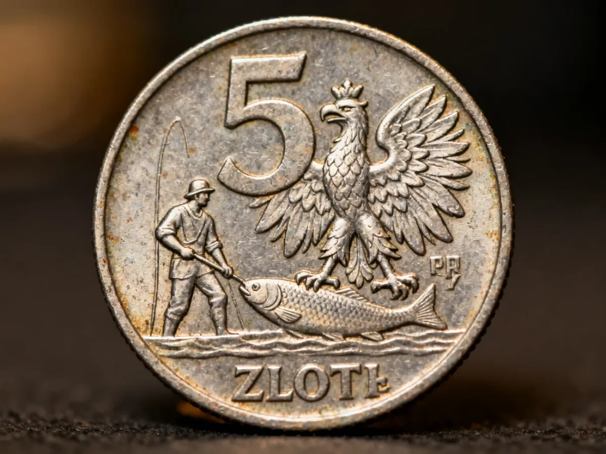 Zbliżenie aluminiowej monety 5 zł z rybakiem w dobrym stanie zachowania
