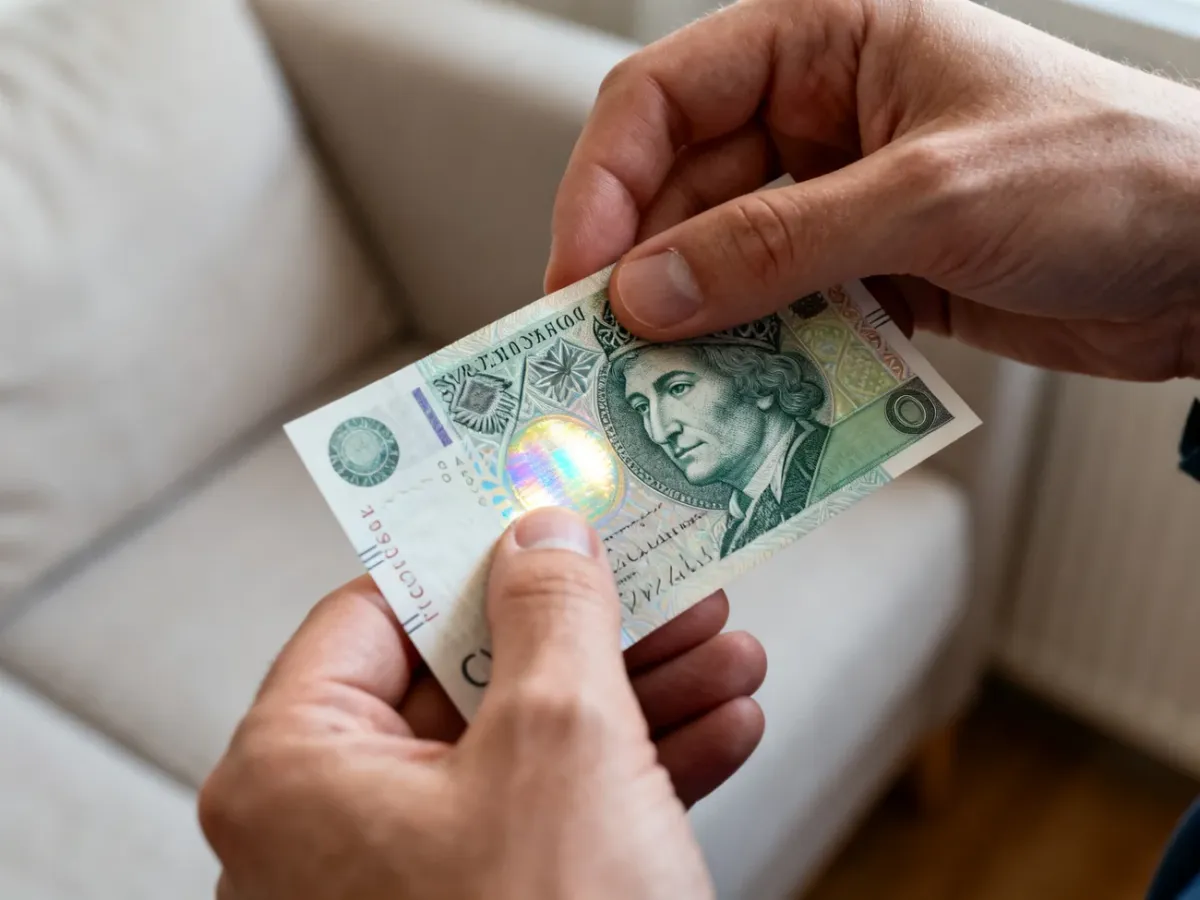 Sprawdzanie autentyczności polskiego banknotu przez dotyk, światło i przechylanie