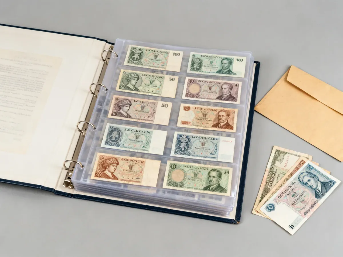 Kolekcja polskich banknotów w klaserze i koszulkach ochronnych