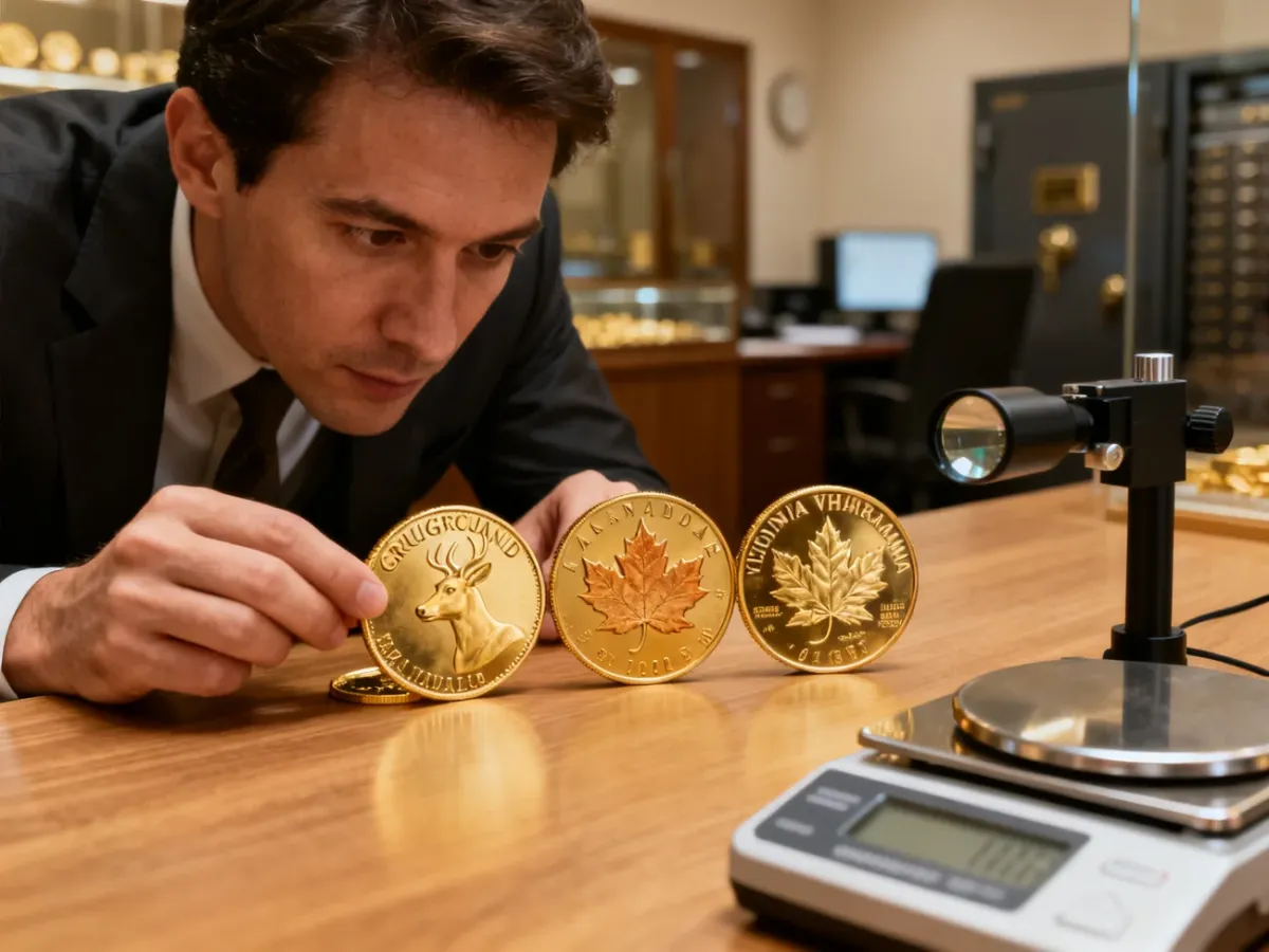 Dealer sprawdzający autentyczność złotych monet bulionowych