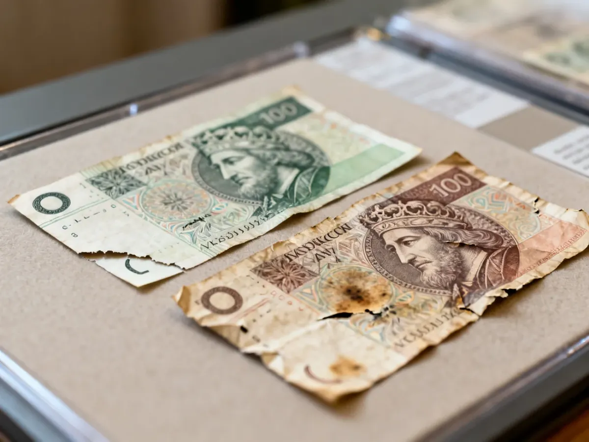Porównanie banknotu z błędem produkcyjnym i banknotu uszkodzonego w obiegu
