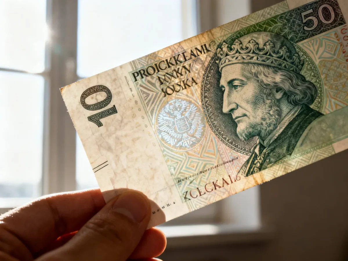 Polski banknot podświetlony światłem z widocznym wielotonowym znakiem wodnym
