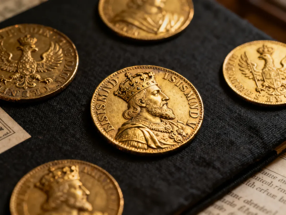 Zabytkowe polskie złote monety, w tym historyczny dukat Zygmunta III Wazy