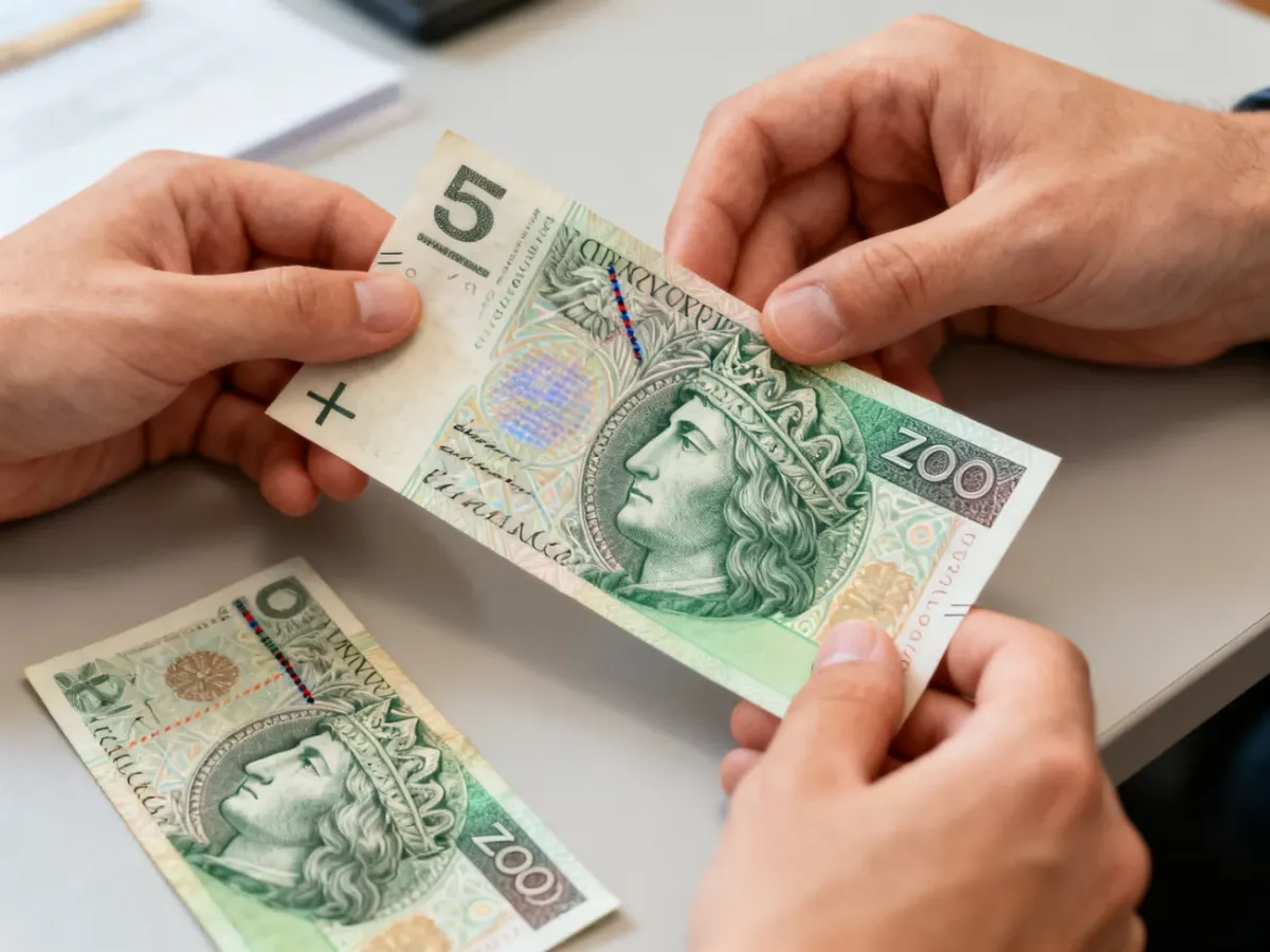 Dłonie sprawdzające autentyczność polskiego banknotu za pomocą kilku zabezpieczeń