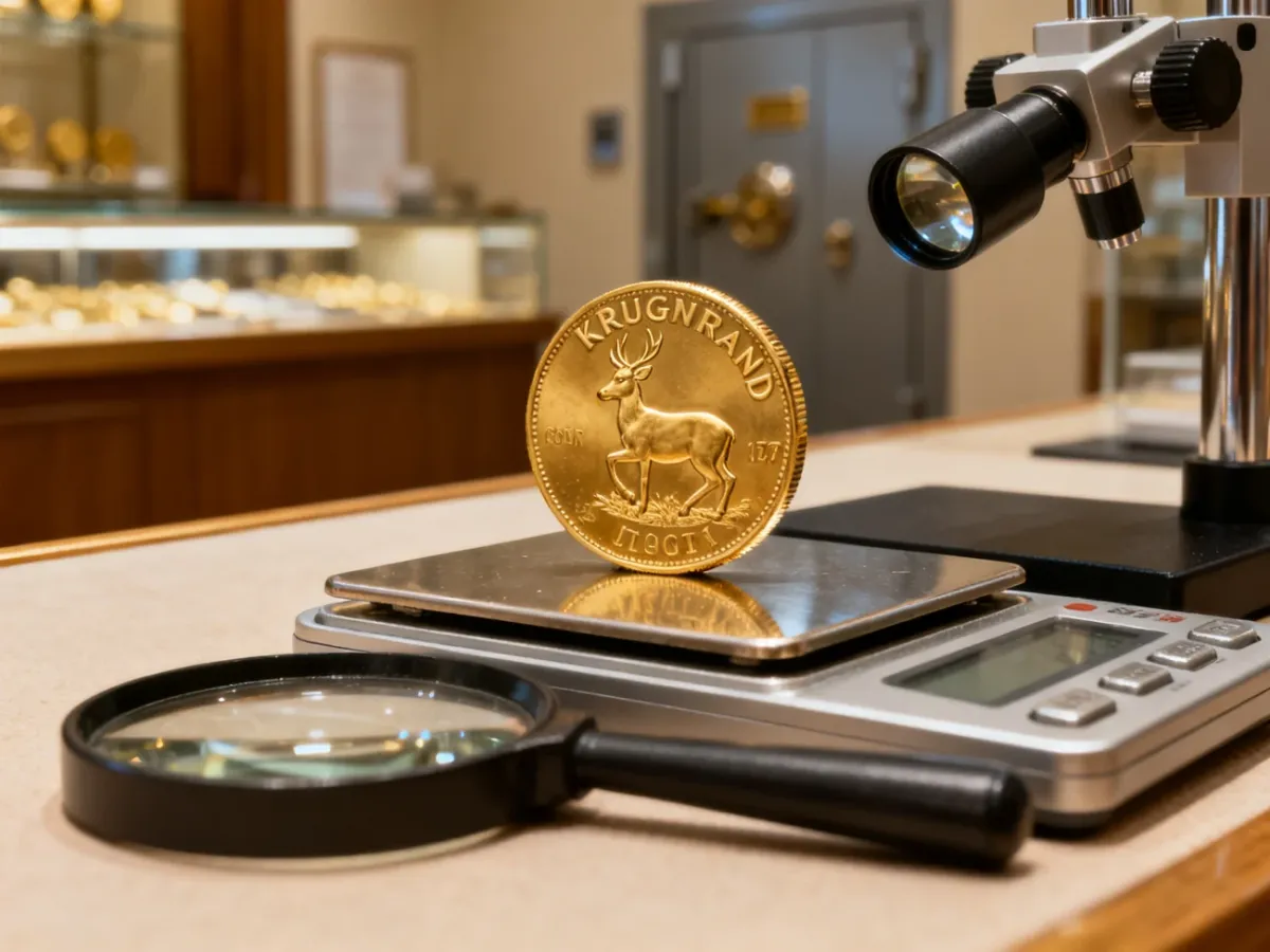 Złoty Krugerrand oceniany przez profesjonalnego dealera metali szlachetnych