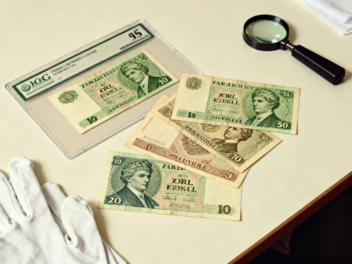 Banknoty PRL obok certyfikowanego slabowego opakowania i akcesoriów kolekcjonerskich