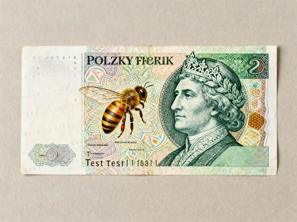 Banknot próbny PWPW z motywem pszczoły miodnej i rozbudowaną grafiką