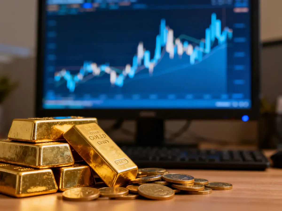 Sztabki i monety bulionowe zestawione z abstrakcyjnym obrazem rynku finansowego