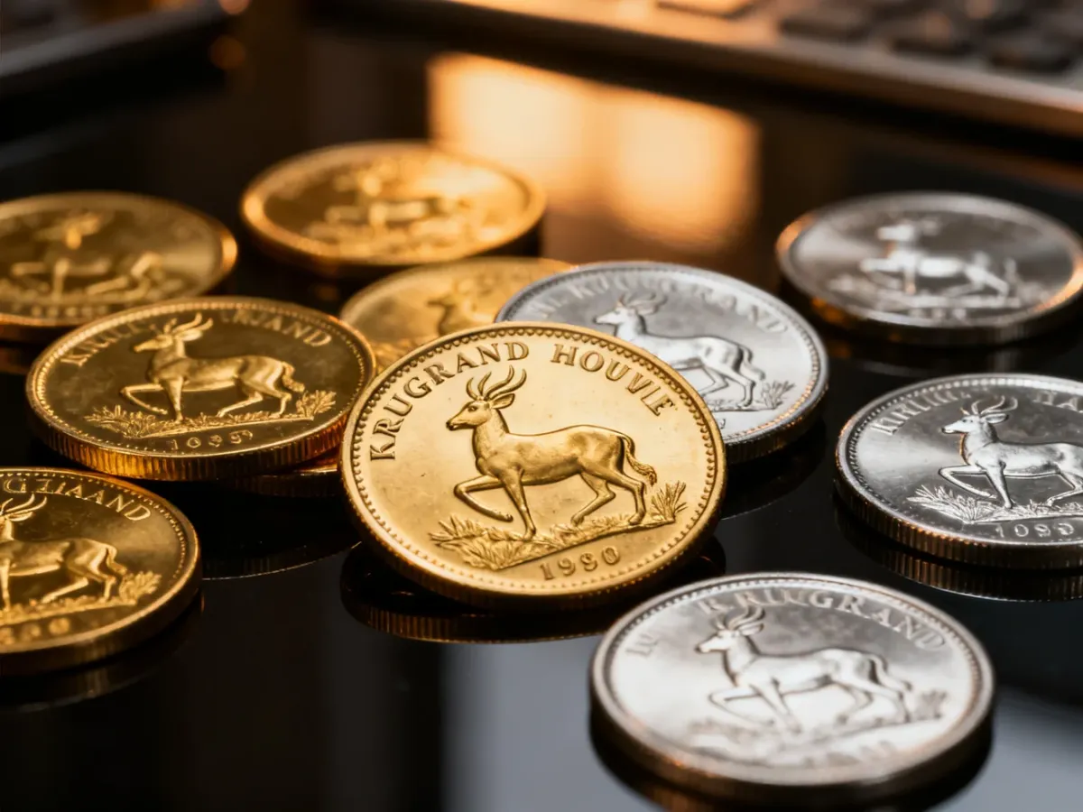 Złoty i srebrny Krugerrand przedstawione jako monety inwestycyjne