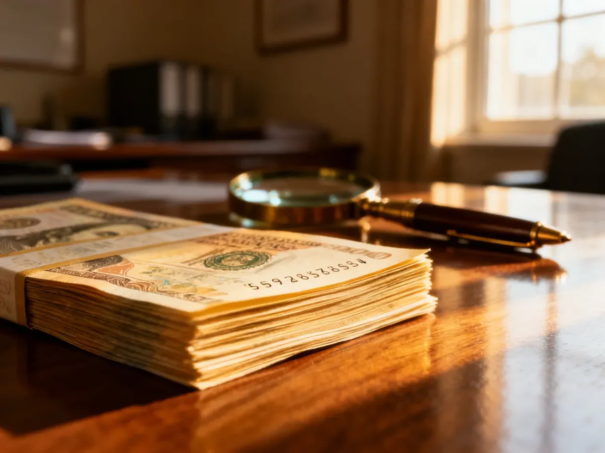Zbliżenie na numery seryjne banknotów leżących na drewnianym biurku, podkreślające detale zabezpieczeń waluty.