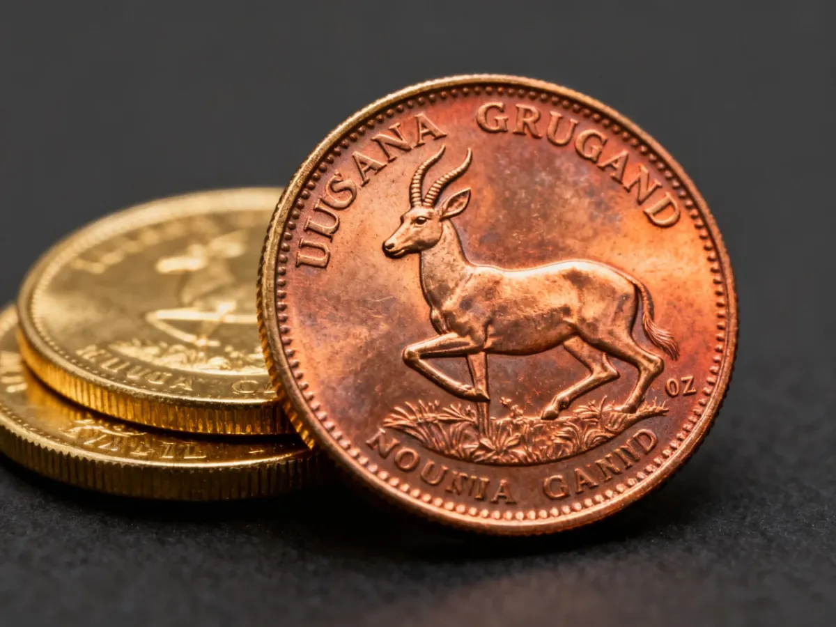 Złote monety Krugerrand w różnych rozmiarach na ciemnym tle