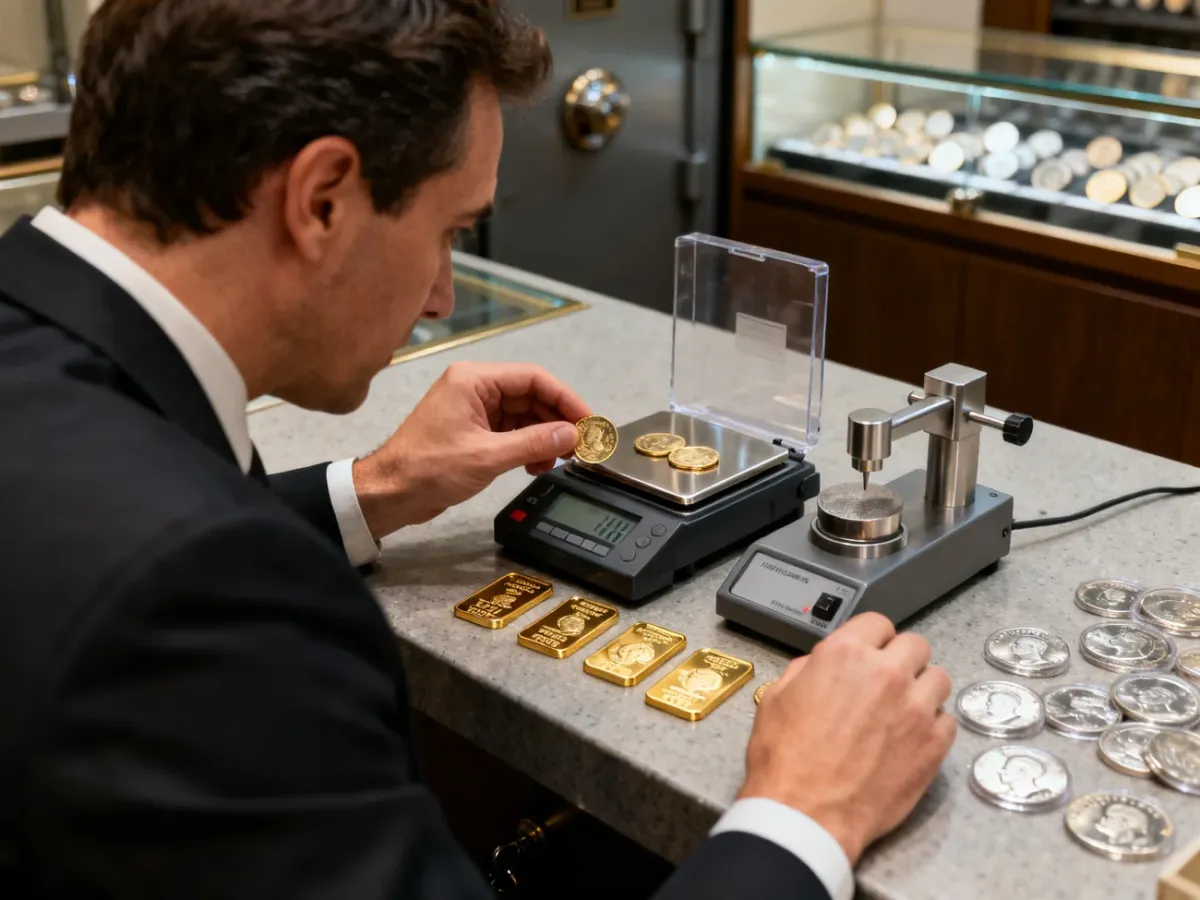 Dealer sprawdzający autentyczność monet bulionowych za pomocą wagi i testera metali