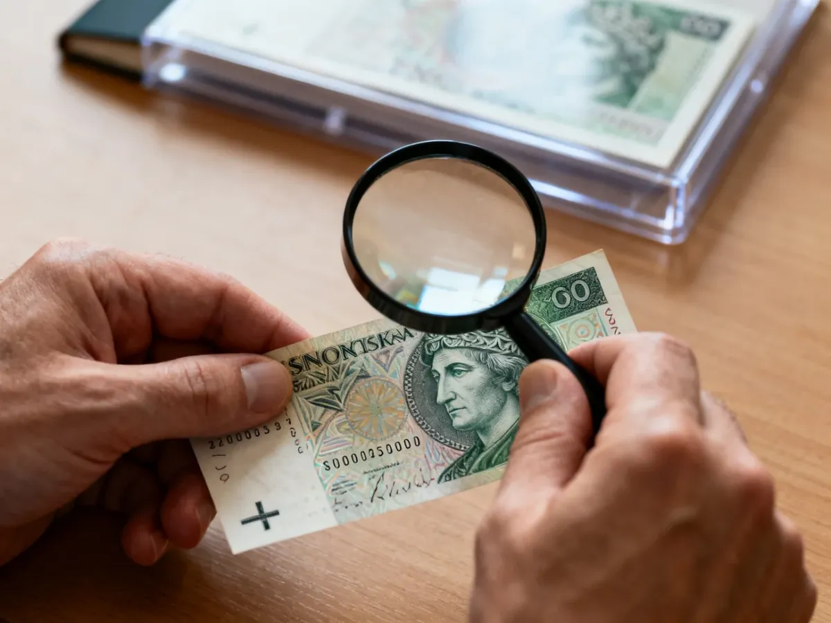 Kolekcjoner oglądający numer seryjny polskiego banknotu przez lupę