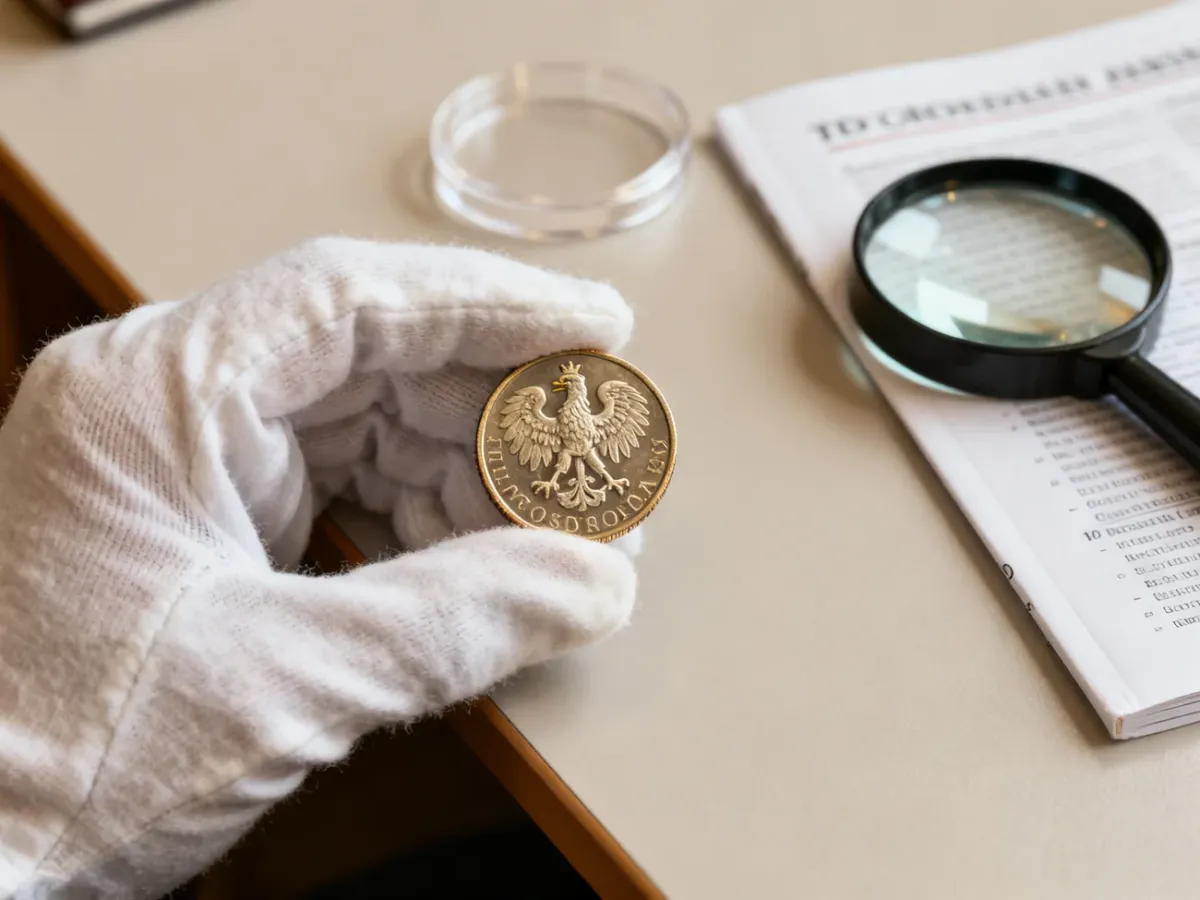 Kolekcjoner oglądający monetę okolicznościową w bezpieczny sposób