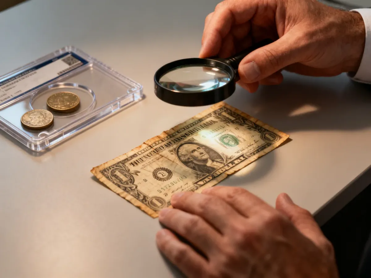Ekspert oceniający stan banknotu przy świetle bocznym