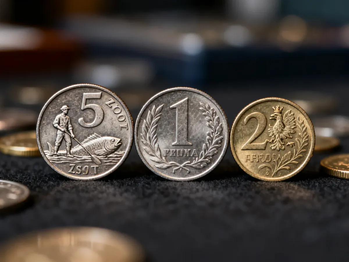 Zbliżenie na monety obiegowe z czasów PRL, w tym monetę pięciozłotową z rybakiem