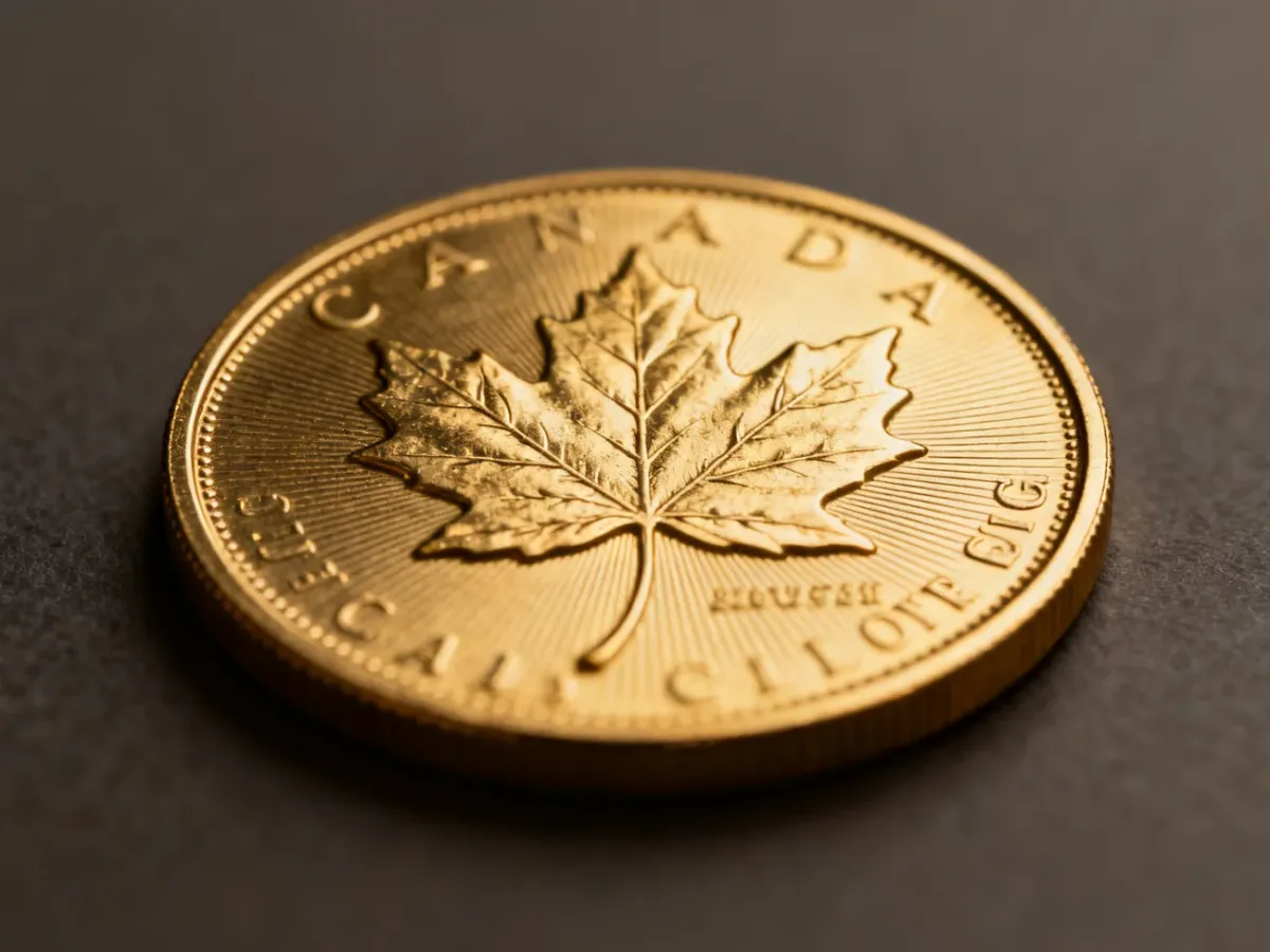 Złota moneta Canadian Gold Maple Leaf z widocznymi detalami zabezpieczeń