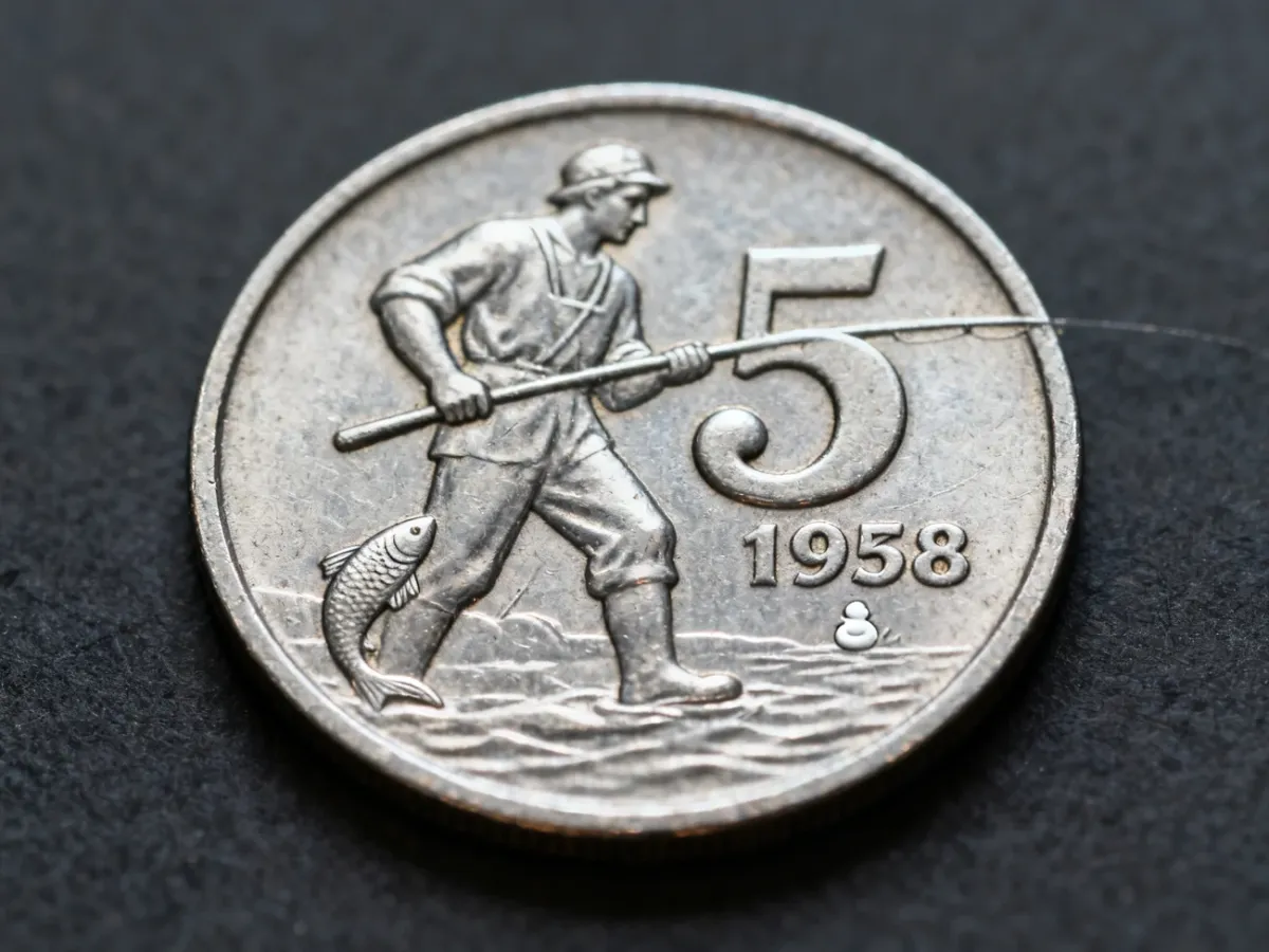 Zbliżenie monety 5 zł z rybakiem z 1958 roku z odmianą „bałwanek”