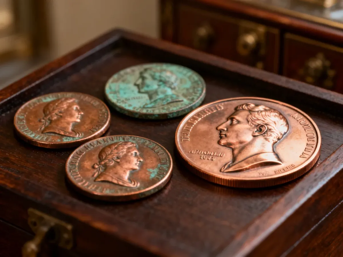 Historyczne monety miedziane i współczesny miedziany medal na powierzchni kolekcjonerskiej