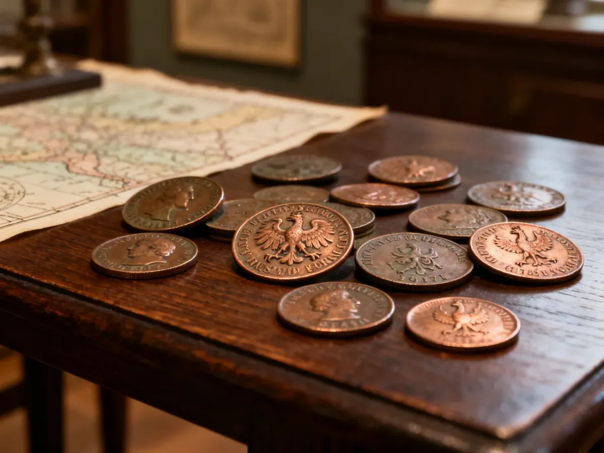 Zbiór dawnych miedzianych monet na tle historycznych materiałów