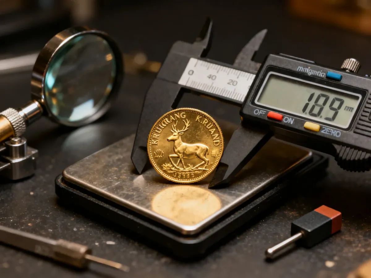 Sprawdzanie autentyczności monety Krugerrand za pomocą wagi, suwmiarki i lupy