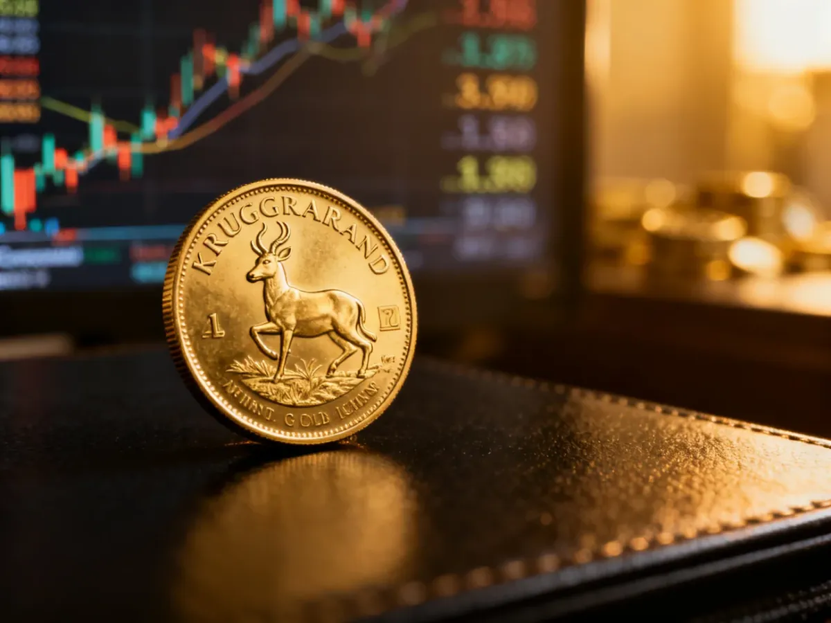 Złoty Krugerrand na tle symbolizującym notowania rynku złota