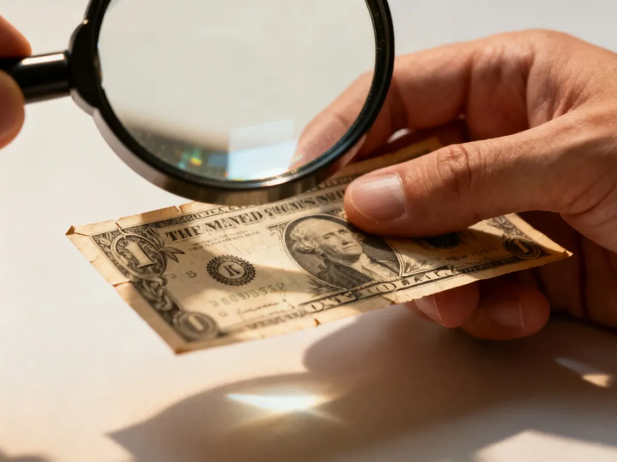 Kolekcjoner oceniający stan banknotu za pomocą lupy i światła pod kątem