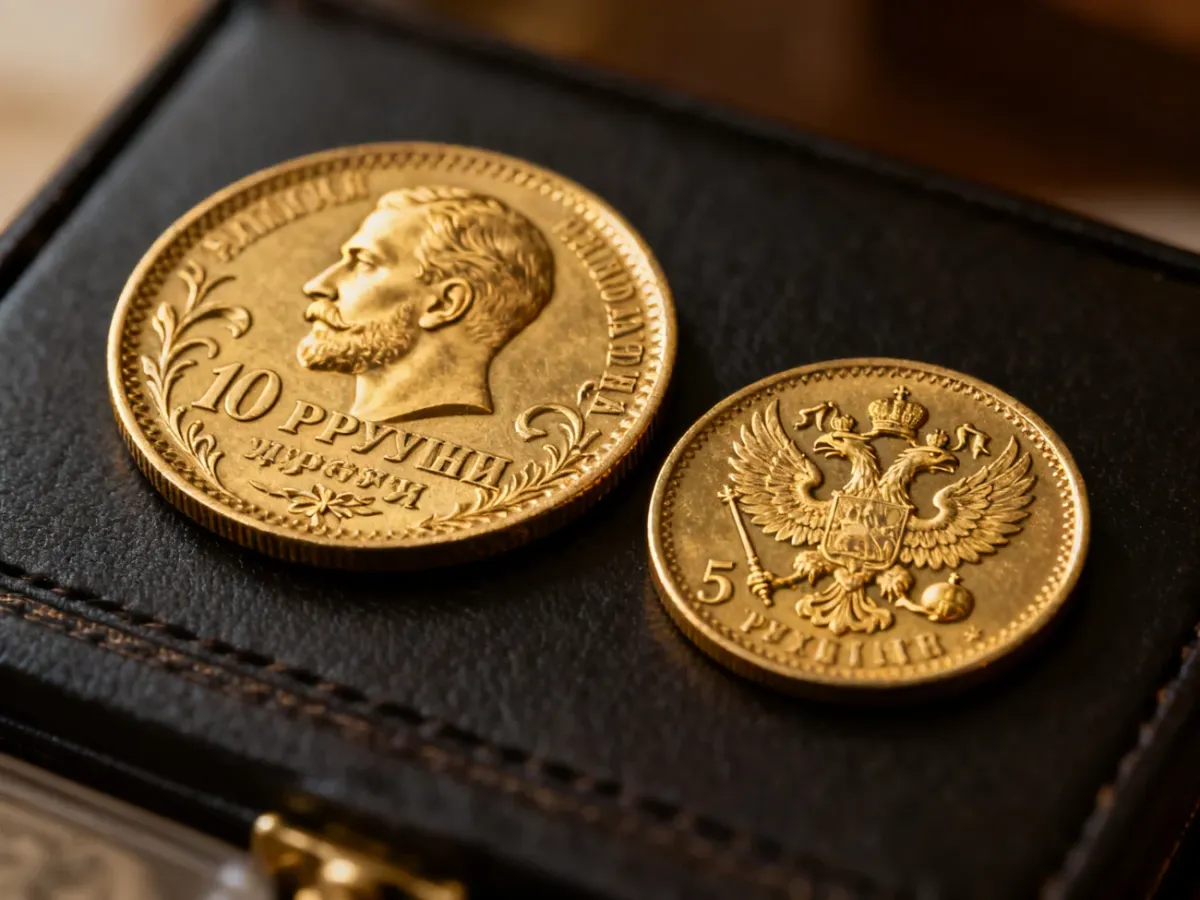 Złote ruble z wizerunkiem Mikołaja II ułożone na ciemnym tle