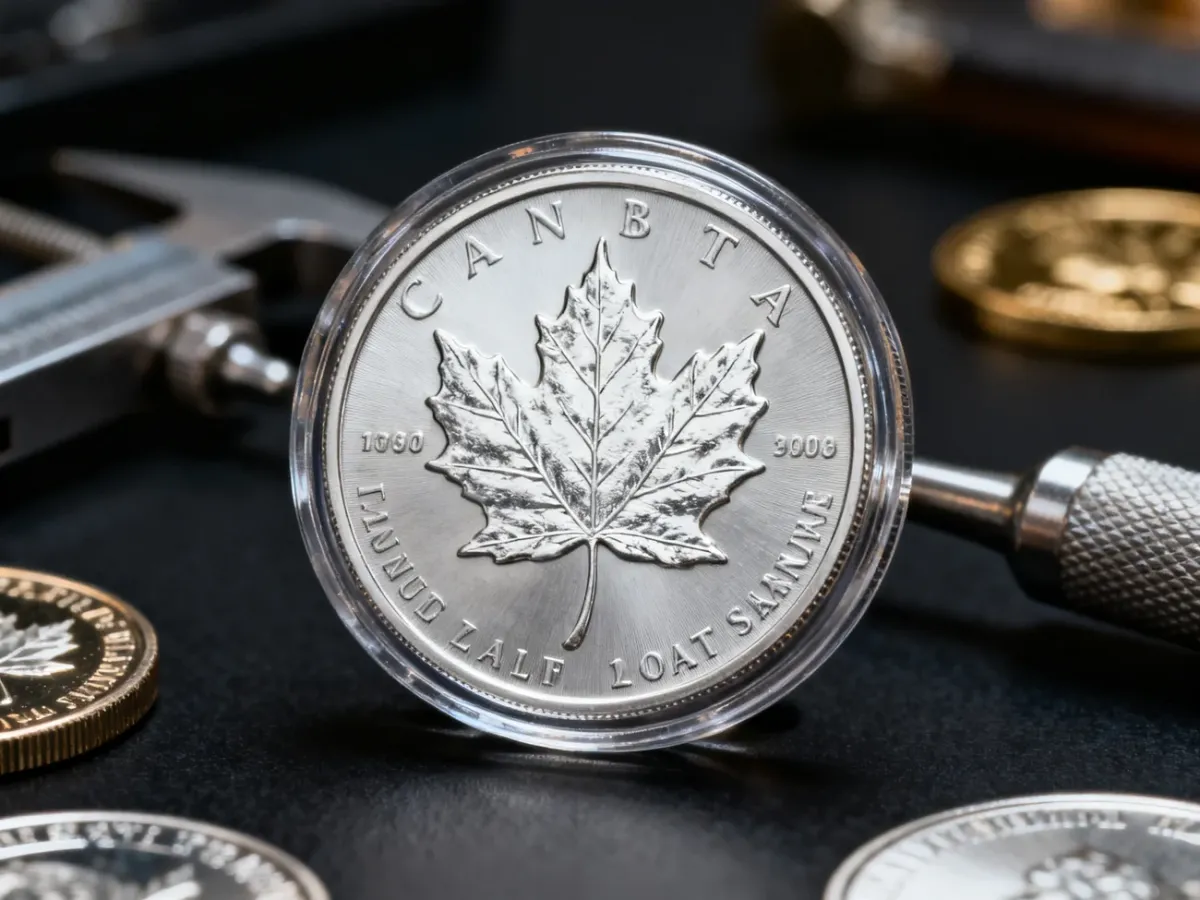 Palladium bullion coin in a protective capsule on a dark surface