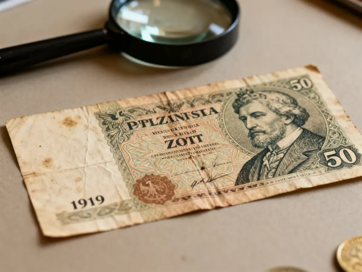 Zabytkowy falsyfikat banknotu 50 złotych z 1919 roku na biurku numizmatyka