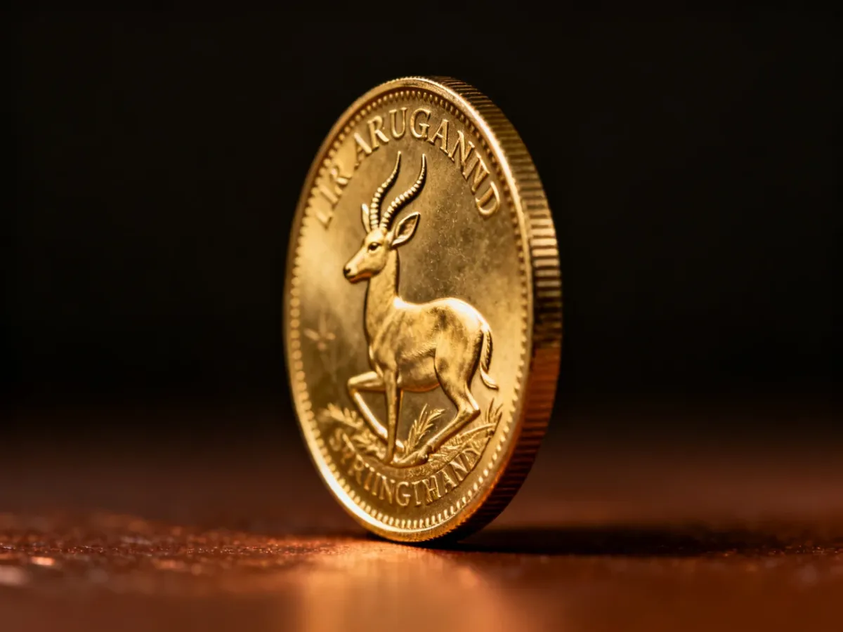 Złoty Krugerrand przedstawiony z widocznym portretem i motywem skocznikа antylopiego