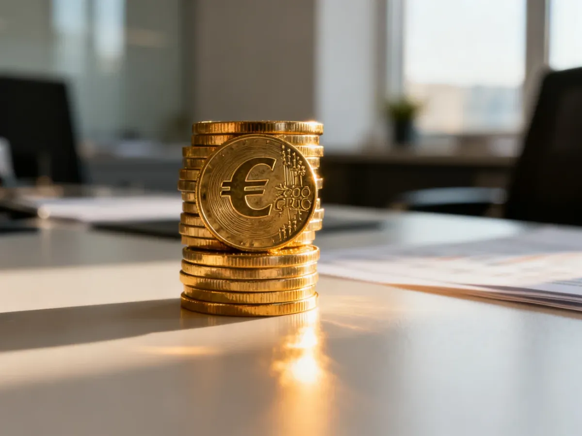 Stos złotych monet z symbolem euro w profesjonalnym biurze, symbolizujący inwestycje kapitałowe.