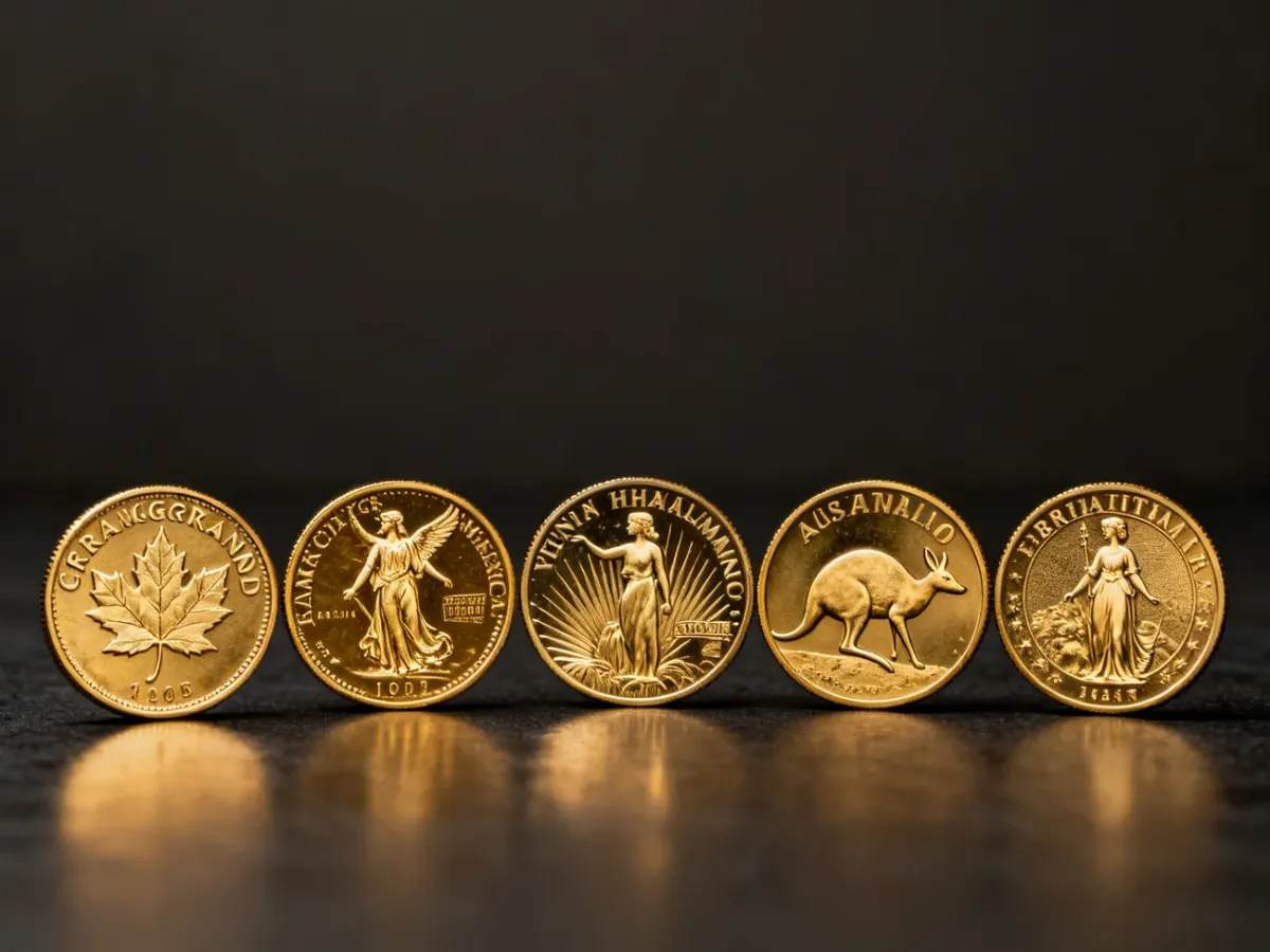 Sześć popularnych złotych monet bulionowych ułożonych na ciemnym tle