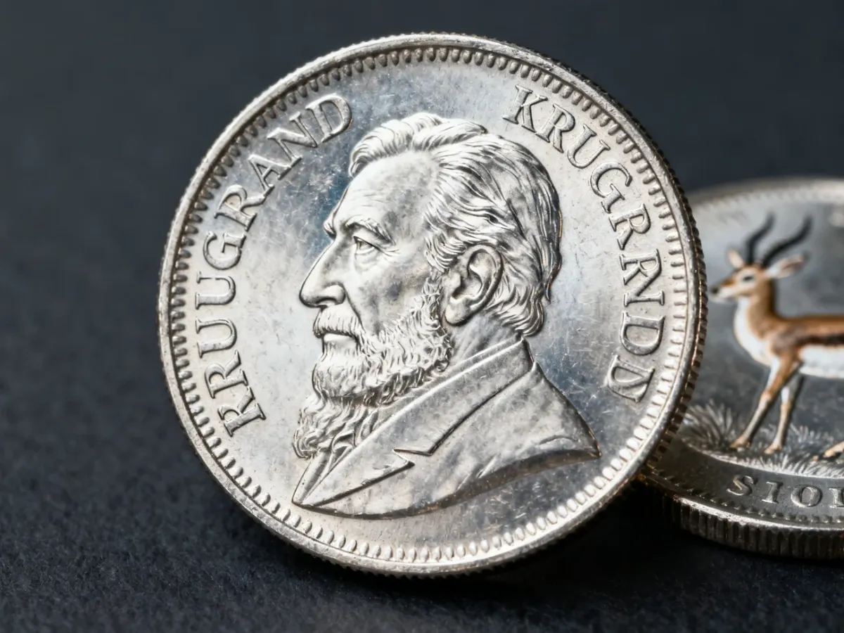 Srebrna moneta Krugerrand z portretem Paula Krugera i motywem skoczka antylopiego