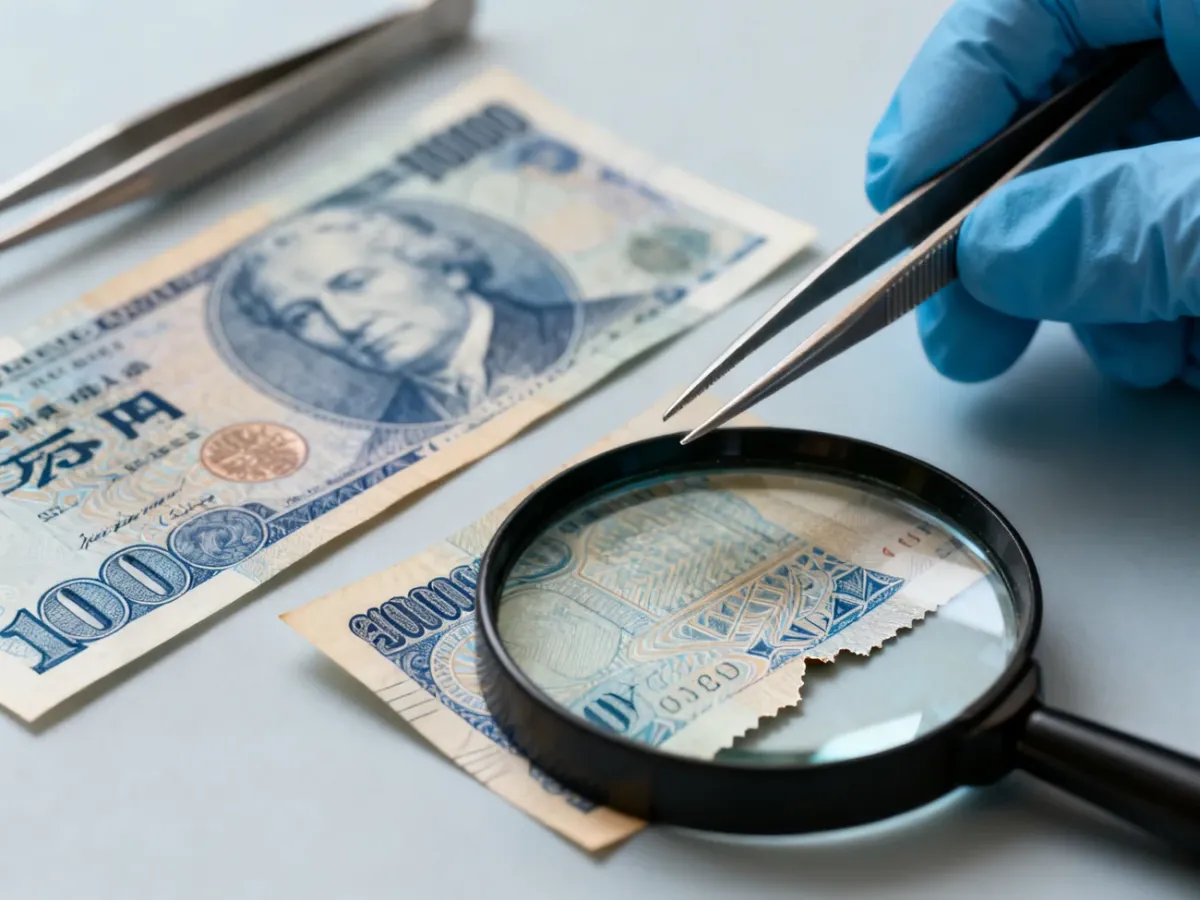 Zbliżenie banknotu oglądanego pod światło i przez lupę w celu wykrycia błędu drukarskiego