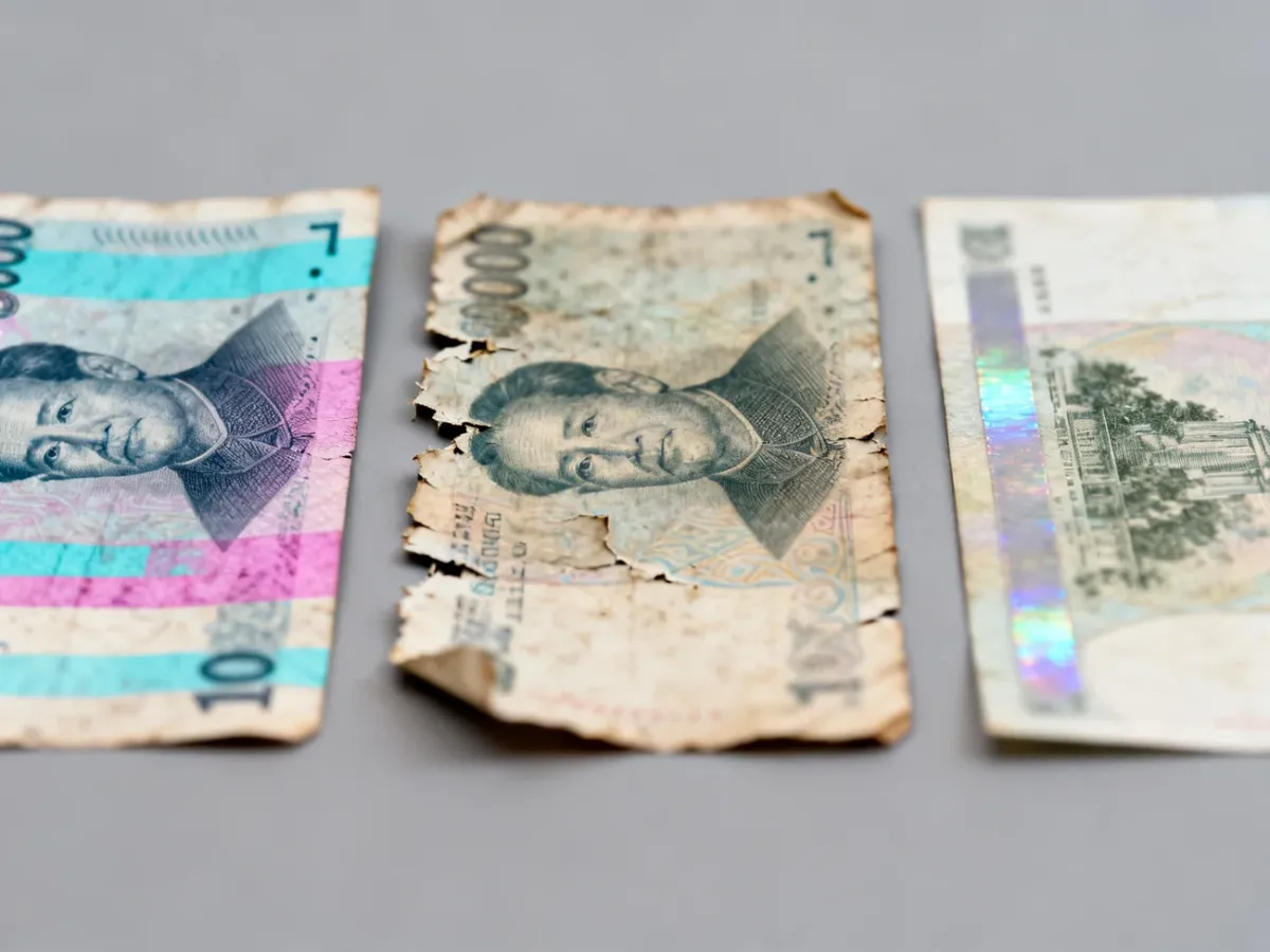Porównanie błędodruku, uszkodzonego banknotu i podejrzanego falsyfikatu