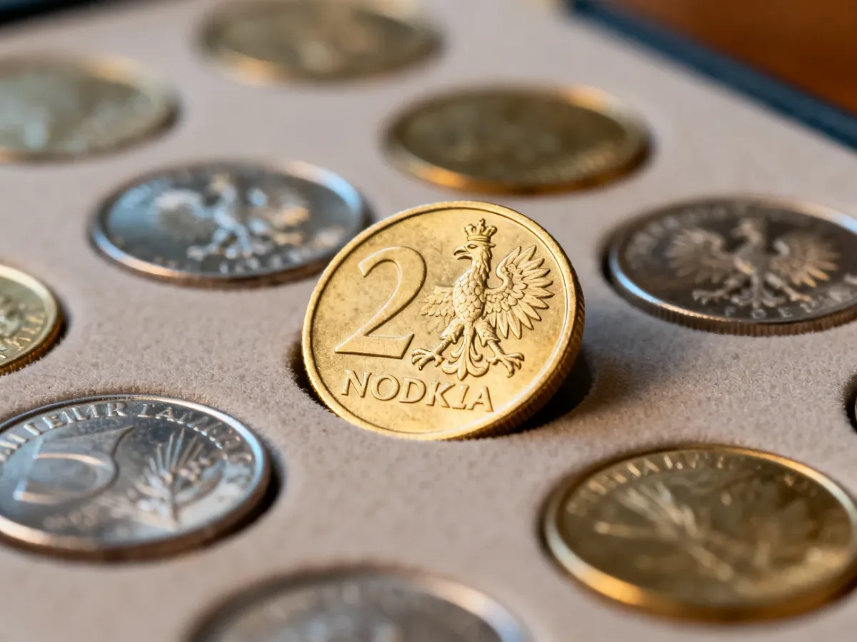 Zbliżenie polskich monet okolicznościowych w różnym stanie zachowania