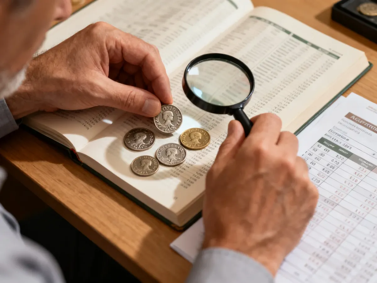 Numismatyk analizujący polskie monety przy katalogu i dokumentacji aukcyjnej