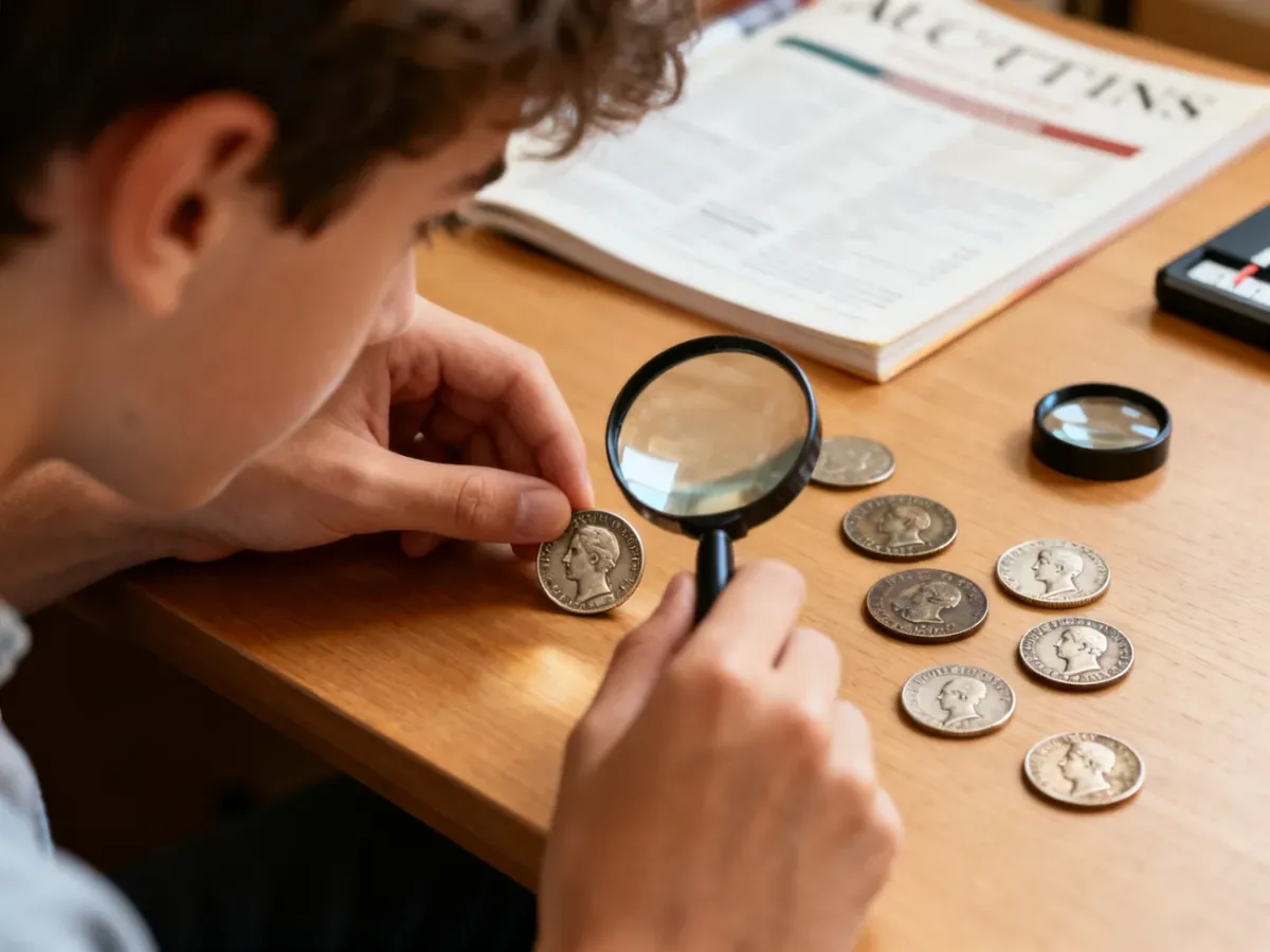 Kolekcjoner oglądający monety przez lupę na biurku