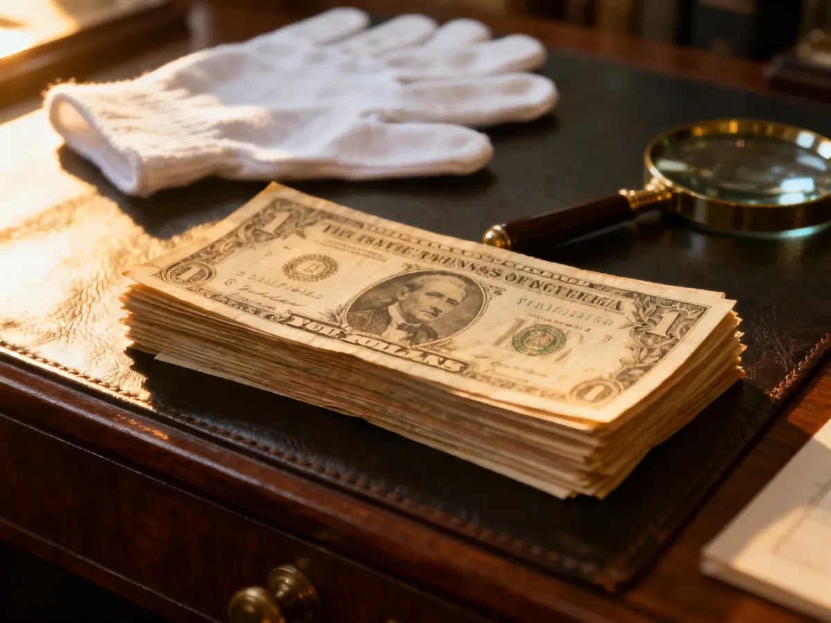 Stos przedwojennych banknotów z lupą i rękawiczkami na biurku kolekcjonera, podkreślający detale historycznych pieniędzy.