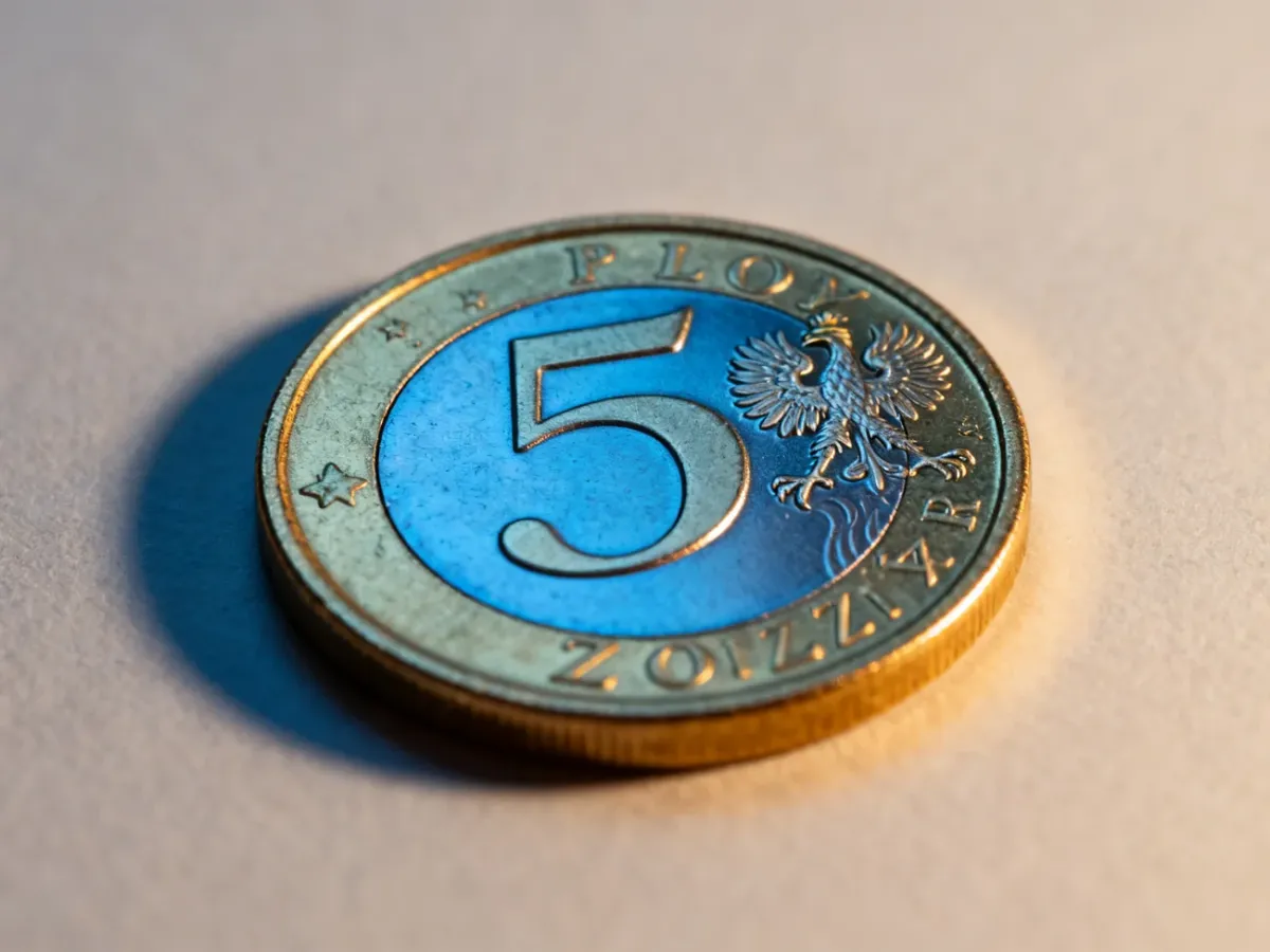 Zbliżenie bimetalicznej polskiej monety okolicznościowej 5 zł