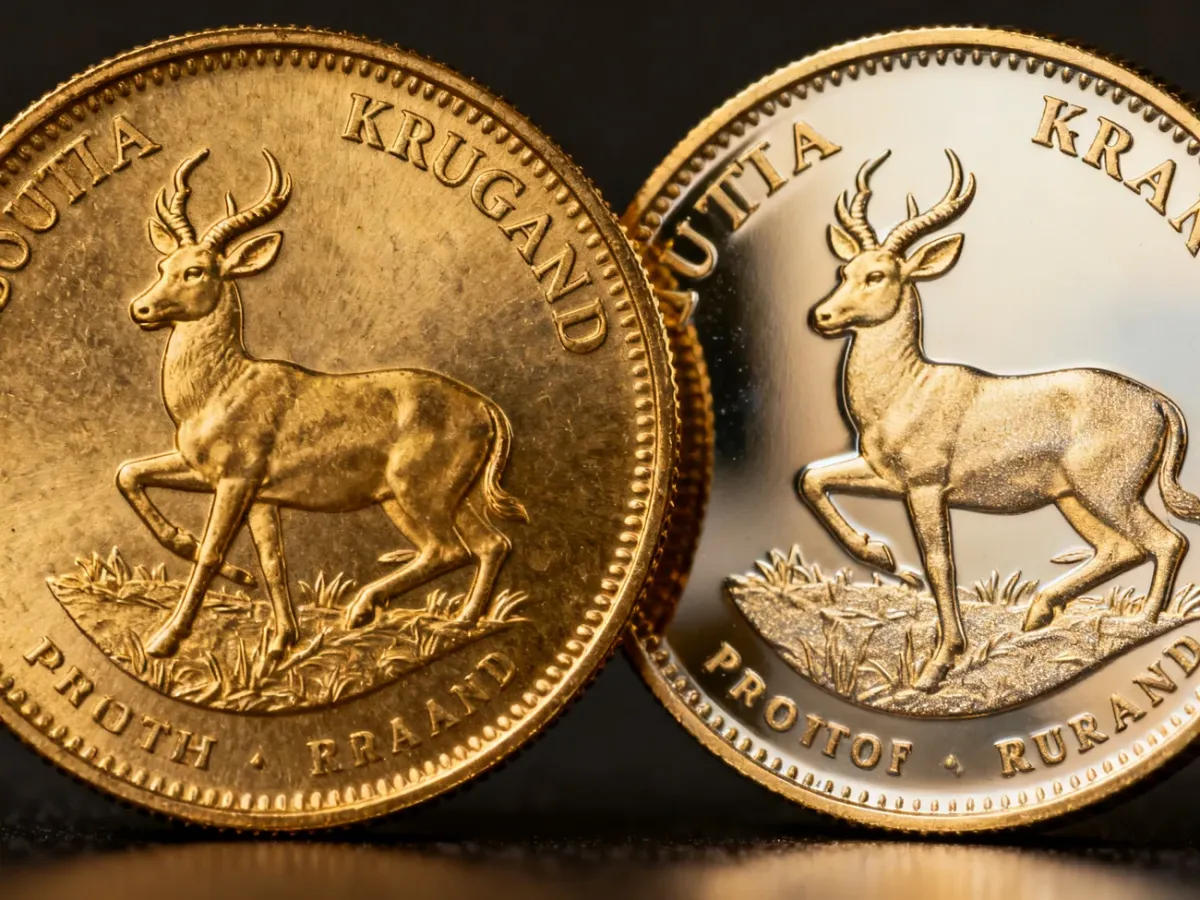 Porównanie standardowego i lustrzanego wykończenia złotych monet Krugerrand